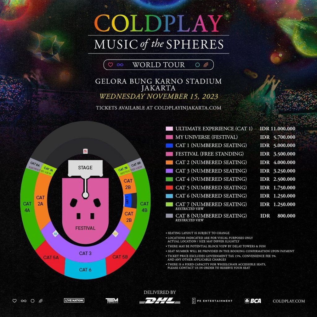 콜드플레이 자카르타 공연 입장료 Konser Coldplay di Jakarta 15 November 2023