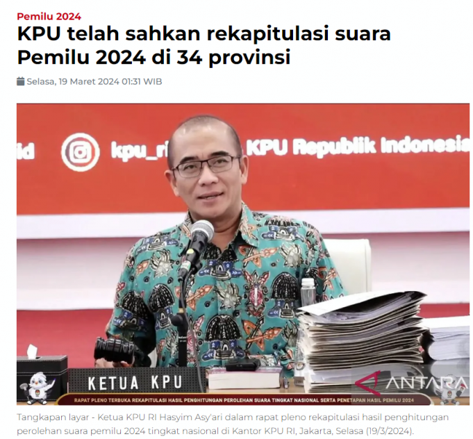 *속보* 선관위, 34개 주 집계 결과 발표… 프라보워-기브란 당선 확실