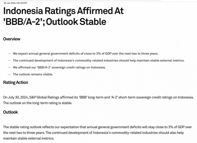 S&P, 인니 신용등급 ‘BBB·안정적’ 유지…재정 불확실성은 경고