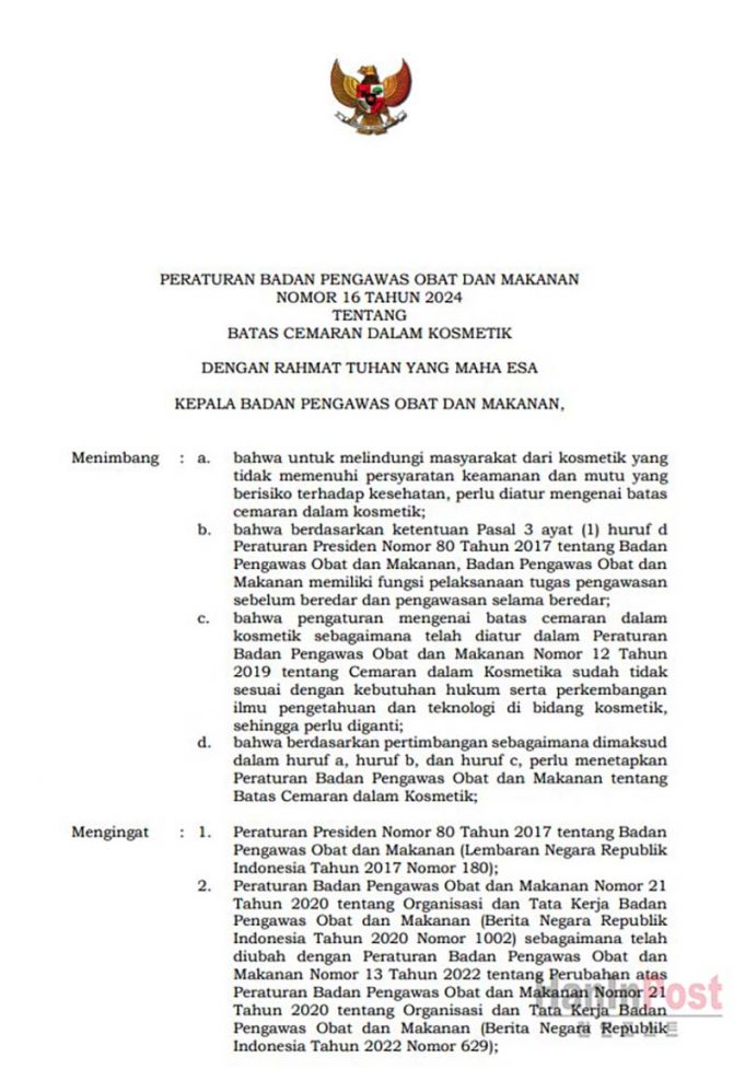 BPOM, 화장품 화학물질 한도 규정 개정