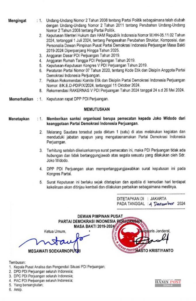 투쟁민주당, 조코위 전 대통령 및 가족 전격 제명