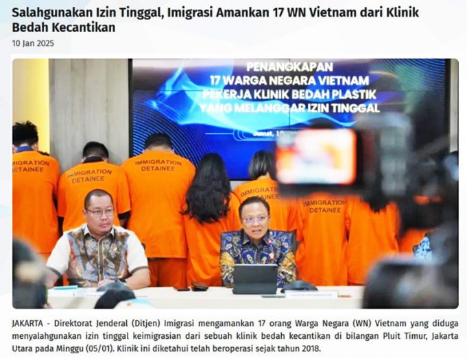 자카르타 불법 미용소에서 일한 외국인 17명 적발