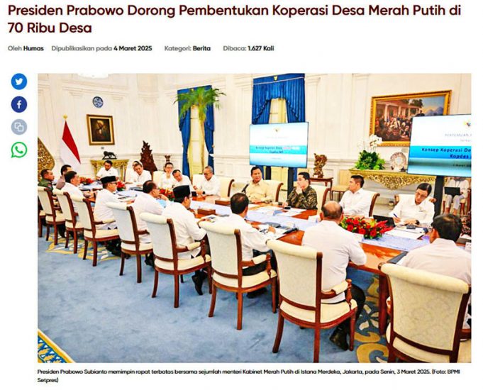 프라보워 대통령, 메라 푸티 마을 협동조합 논의 장관 소집