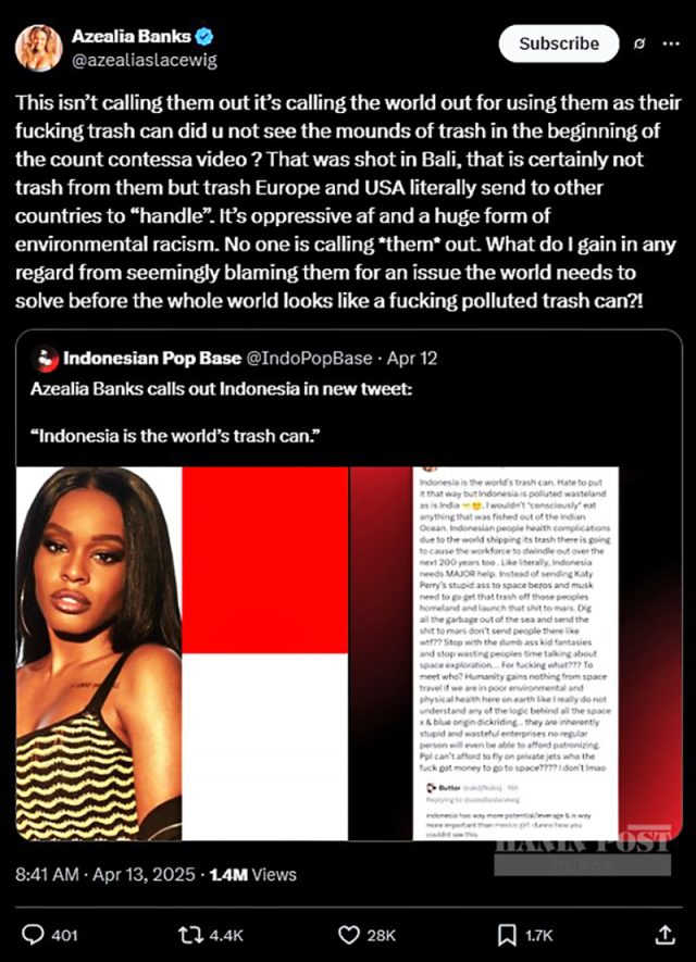 미국 출신 래퍼 아질리아 뱅크스 소셜 미디어 X