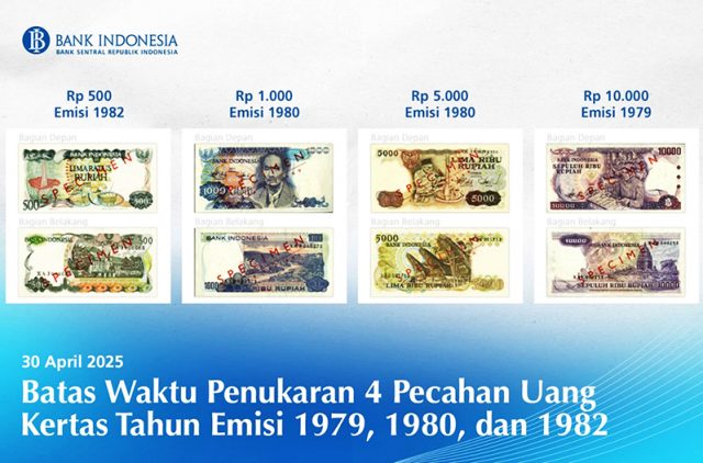 ▲인도네시아 중앙은행(BI)은 1970~1980년대에 발행된 루피아 구권 지폐 4종의 교환 종료 안내. 2025.4.25