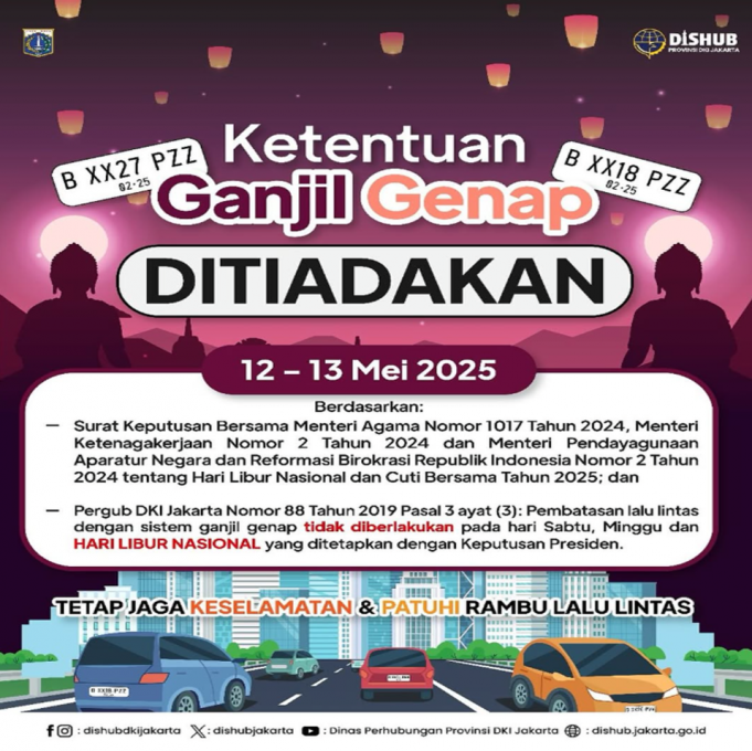 자카르타, 2025년 와이삭 연휴 기간 ‘홀짝제’ 일시 해제