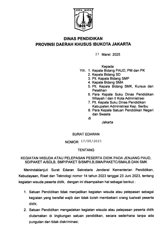 자카르타 교육청, 졸업식 비용 징수 금지령. 2025.5.5