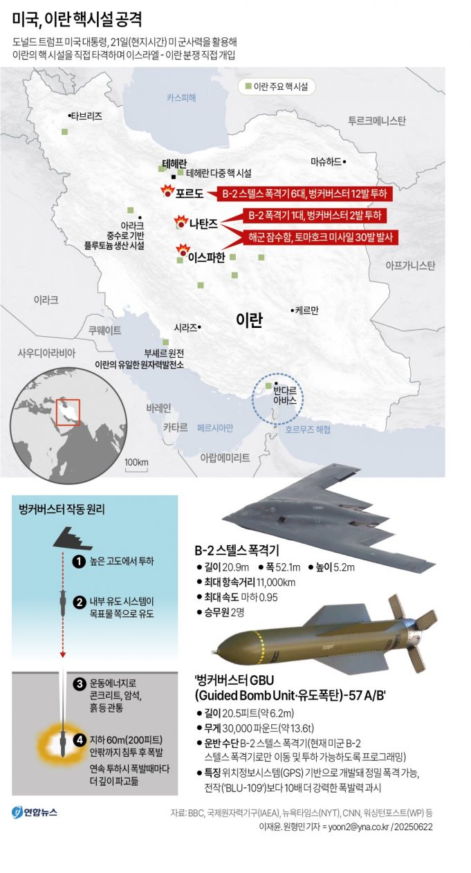 미국, 이란 핵시설 벙커버스터 전격 공습… 이란 의회, 호르무즈 봉쇄 의결