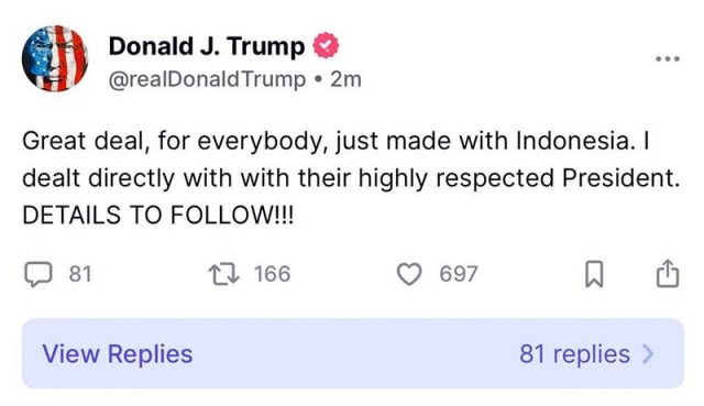 트럼프 대통령은 인도네시아와 협상이 타결됐다고 공지하고 있다. 2025.7.15