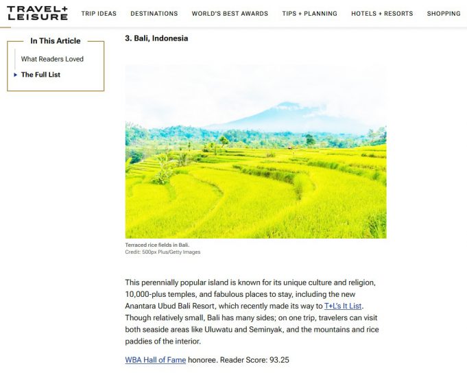 발리, 몰디브 제치고 ‘2025 세계 최고의 섬’ 3위 등극