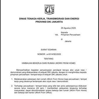 자카르타 주정부, 월요일 시위 확산 우려에 재택근무(WFH) 전격 발표