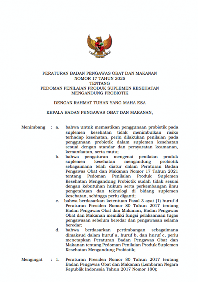 BPOM, 프로바이오틱스 건강 보조 식품 신규 규정 발표… 소비자 보호 및 산업 경쟁력 강화 나서