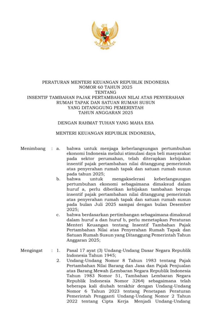 외국인도 최대 50억 루피아 이하 거주용 신규 부동산 부가세 면제… 2026년까지 연장 예고