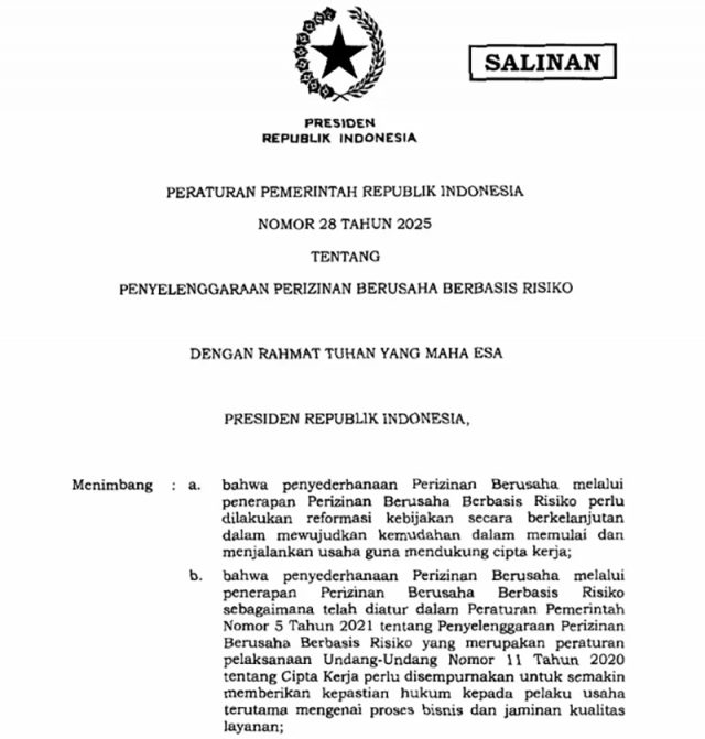 ‘위험 기반 사업 허가(Penyelenggaraan Perizinan Berusaha Berbasis Risiko) 시행에 관한 2025년 정부령(PP) 제28호’
