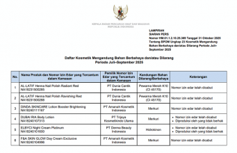 식약청 BPOM, 2025년 3분기 동안 유해 성분 함유 화장품 23종 적발
