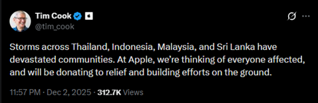 12월 2일(현지시간) 팀 쿡 CEO는 자신의 소셜미디어 계정 엑스(X, 구 트위터)를 홍수사태 피해를 전달.