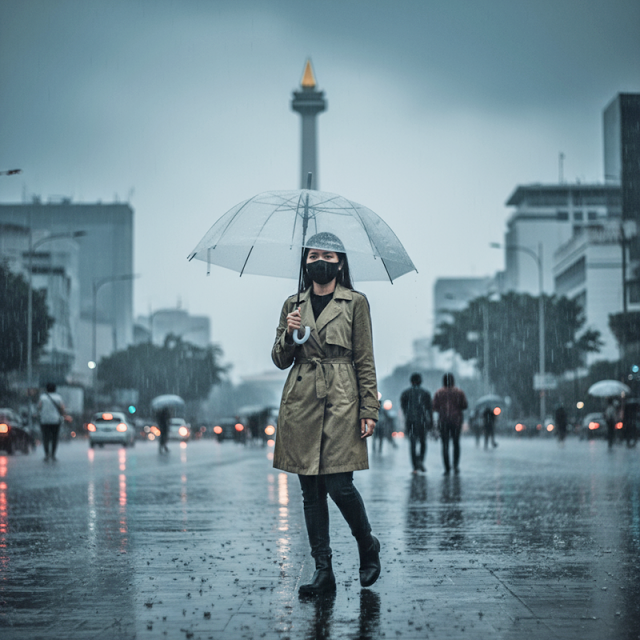 ▲비오는 날 마스크를 쓰고 자카르타 모나스 타워 단지를 걷고 있는 시민. 사진. 한인포스트 AI