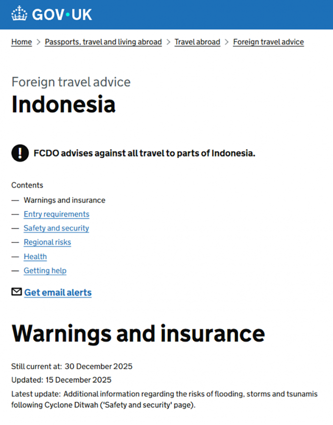 영국 정부, 인도네시아 여행 경보 발령… “활화산 6곳 접근 자제해야”