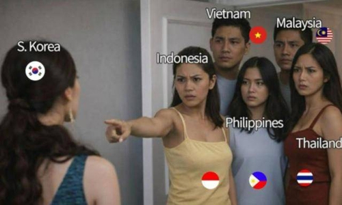 동남아인들이 집단으로 한국인을 비난하는 모습을 연출한 합성 이미지