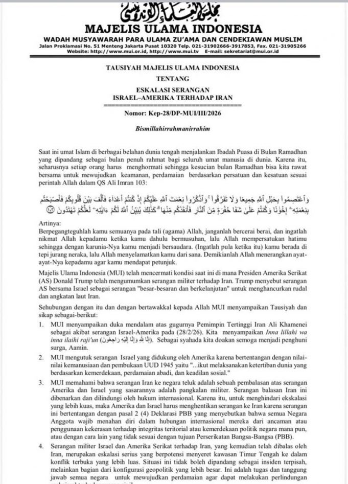 MUI, 미·이스라엘의 이란 공격 이후 정부에 ‘평화 위원회’ 탈퇴 공식 촉구