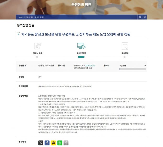 세계한인총연, ‘재외선거 우편·전자투표 도입’ 국민청원