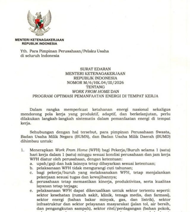 인도네시아 노동부(Kemnaker)가 민간 부문의 재택근무(WFH, Work From Home) 시행과 관련한 공식 지침을 담은 장관 회람 공문. 2026.4.1