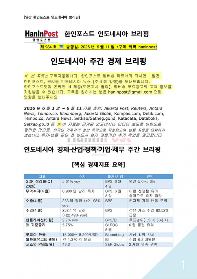 6월11일 제984호 인도네시아 주간경제 브리핑(2026.6.11)