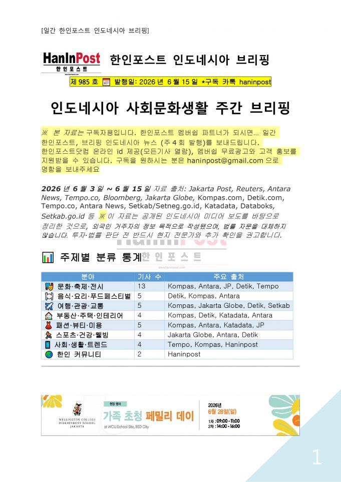 6월15일 제985호 인도네시아 사회문화생활 브리핑(2026.6.15)