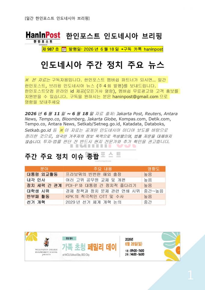 6월18일 제987호 인도네시아 주간정치 브리핑(2026.6.18)