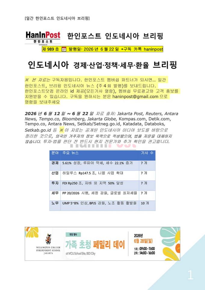 6월22일 제989호 인도네시아 주간경제 브리핑(2026.6.22)