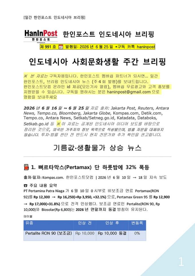 6월25일 제991호 인도네시아 사회문화생활 브리핑(2026.6.25)