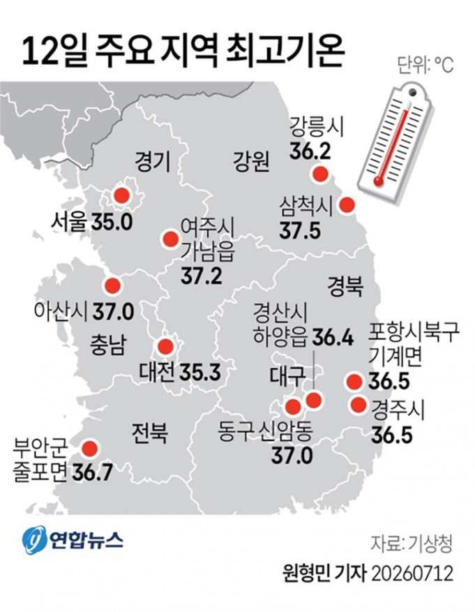 12일 주요 지역 최고기온